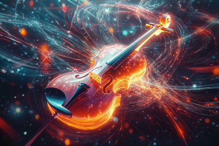 A surreal 3D music background with a levitating, neon-lit violin surrounded by swirling, glowing particles. The digital energy pulses with synchronized beats, forming a breathtaking fusion of futuristic rhythm and harmony.の素材