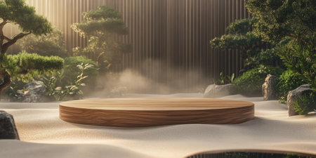 A Zen-inspired 3D background featuring a smooth wooden podium surrounded by raked sand and bonsai trees. Soft ambient lighting and gentle mist enhance the calming and meditative atmosphere, perfect for relaxation themes.の素材