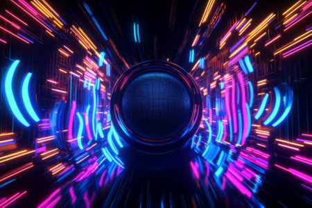 A powerful 3D music background showing a massive, glowing bass speaker surrounded by swirling, luminous sound waves. Floating digital music bars and neon-colored frequencies pulse in rhythm, creating an electrifying energy of futuristic sound design.の素材