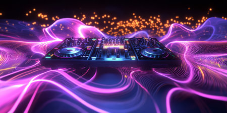 A surreal 3D music background featuring a levitating neon DJ controller surrounded by swirling waves of glowing sound energy. The high-tech atmosphere creates an abstract representation of modern digital music production.の素材