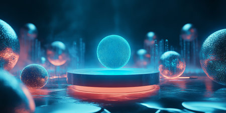 A vibrant 3D background featuring a podium floating in a zero-gravity environment, surrounded by glowing digital spheres. The dynamic lighting and soft blue atmosphere create a futuristic, space-themed ambiance, perfect for sci-fi concepts.の素材