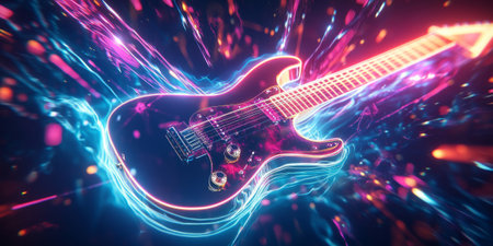 A mesmerizing 3D background displaying a floating, glowing neon electric guitar, emitting vibrant sound waves that ripple through a futuristic digital void. The energy pulses dynamically, creating an abstract representation of rock and electronic music fusion.の素材