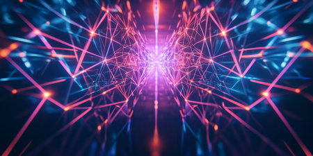 A mesmerizing abstract background with luminous, interconnected geometric structures forming a futuristic digital network. The neon-lit surfaces and intricate reflections create an immersive high-tech ambiance, evoking advanced cybernetic design.の素材