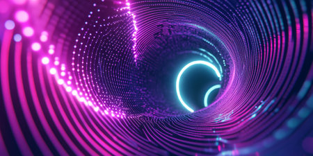 A mesmerizing 3D background displaying a neon sound wave forming a spiraling, infinite tunnel. The dynamic, pulsating frequencies create a surreal visualization of rhythm, beats, and digital music flow.の素材