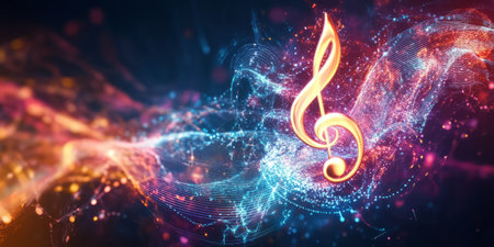 A surreal 3D abstract background featuring a levitating, glowing neon treble clef emitting swirling waves of sound energy. The futuristic atmosphere creates a high-tech representation of music, melody, and digital sound fusion.の素材