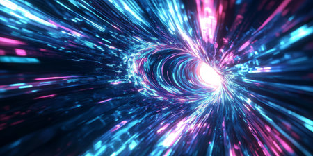 A sleek 3D abstract background featuring a swirling vortex of digital energy, with glowing neon waves radiating outward. The cyberpunk-inspired reflections enhance the futuristic aesthetic.の素材