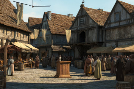 A rustic medieval village 3D background featuring a wooden podium in the town square. The cobblestone streets are lined with market stalls, while villagers dressed in period attire gather for an important announcement.の素材