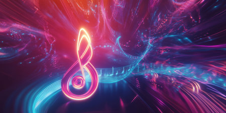 A surreal 3D abstract background featuring a levitating, glowing neon treble clef emitting swirling waves of sound energy. The futuristic atmosphere creates a high-tech representation of music, melody, and digital sound fusion.の素材