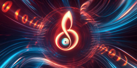 A mesmerizing 3D abstract background featuring a glowing neon treble clef at the center of a swirling vortex of sound waves. The futuristic, high-energy visualization represents the harmony of electronic music.の素材