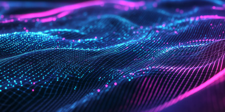 A surreal abstract background with luminous neon waves forming intricate patterns in a seamless futuristic cybernetic grid. The smooth motion and glowing reflections enhance the immersive experience.の素材