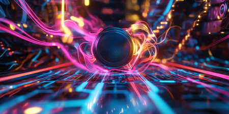 A surreal 3D abstract background featuring a levitating, holographic speaker emitting swirling neon energy waves. The futuristic, immersive visualization represents the fusion of digital bass, beats, and high-tech sound engineering.の素材