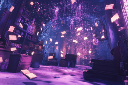 A whimsical fantasy-themed 3D background room with levitating furniture, glowing runes inscribed on the walls, and enchanted books flying around. The colors shift dynamically, creating a dreamlike, surreal ambiance.の素材
