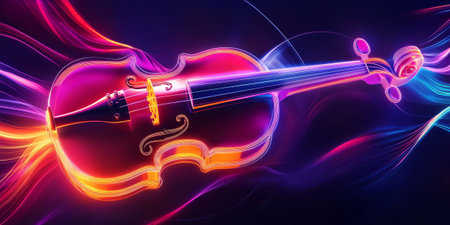 A surreal 3D abstract background featuring a levitating neon violin with glowing strings vibrating in harmony. The abstract waves of sound energy form a futuristic representation of music, blending tradition with modern digital aesthetics.の素材