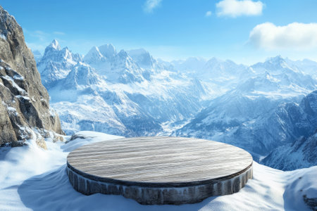A snowy mountaintop 3D background featuring a rugged wooden podium overlooking a breathtaking valley. The crisp winter air swirls around, while snow-capped peaks stretch into the horizon under a brilliant blue sky.の素材