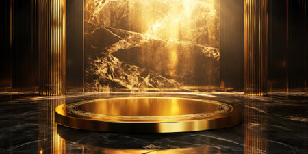 A luxurious 3D background featuring a golden podium with intricate engravings, placed on a dark marble floor. Soft spotlights illuminate the reflective surfaces, creating a sense of grandeur and exclusivity, ideal for showcasing premium products or events.の素材