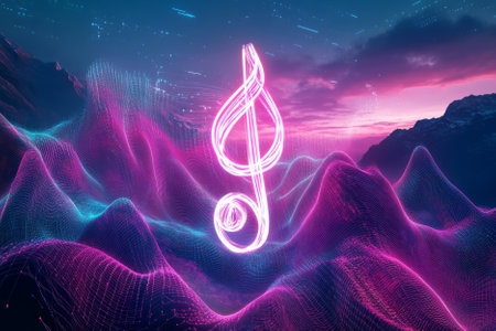 A surreal 3D abstract background where an enormous treble clef made of glowing neon wire hovers above a cybernetic landscape. Pulsing waves of digital sound energy flow around it, forming a stunning representation of futuristic music.の素材