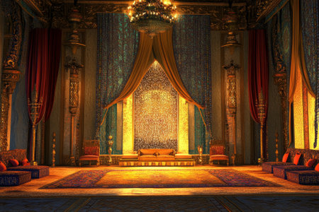 A royal Arabian palace chamber 3D background room with intricate mosaic patterns, gold-trimmed silk drapes, and an opulent chandelier. The space is rich with deep jewel-toned cushions and exotic incense wafting through the air.の素材