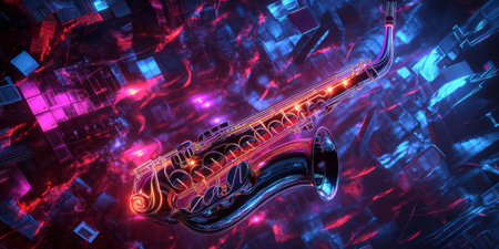 A mesmerizing 3D abstract background featuring a neon-lit saxophone floating in a high-tech cybernetic space. The glowing energy pulses with dynamic waves of rhythm and sound, creating a futuristic representation of jazz and electronic fusion.の素材