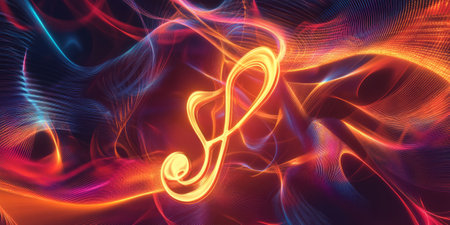 A surreal 3D abstract background featuring a levitating, glowing neon treble clef emitting swirling waves of sound energy. The futuristic atmosphere creates a high-tech representation of music, melody, and digital sound fusion.の素材