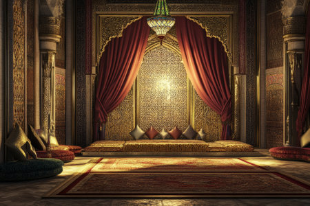 A royal Arabian palace chamber 3D background room with intricate mosaic patterns, gold-trimmed silk drapes, and an opulent chandelier. The space is rich with deep jewel-toned cushions and exotic incense wafting through the air.の素材