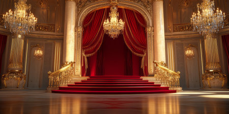A royal-themed 3D background featuring a podium covered in red velvet, placed under a grand golden arch. The rich textures, chandeliers, and luxurious design elements convey opulence and prestige, perfect for award ceremonies.の素材