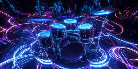 A mesmerizing 3D background showcasing a floating neon drum set in a cybernetic void. The glowing drumsticks strike the drums, sending waves of pulsating energy outward, creating an abstract representation of rhythm and beats.の素材