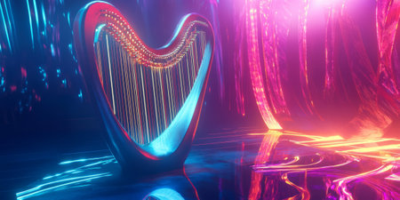 A surreal 3D background featuring a glowing neon harp floating in a futuristic void, its illuminated strings vibrating with pulsating sound waves. The abstract representation of music creates an ethereal, immersive atmosphere.の素材