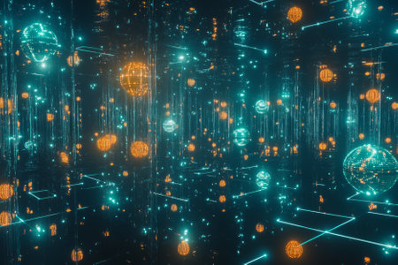 A mesmerizing 3D abstract background featuring a floating matrix of interconnected, glowing orbs, pulsating with synchronized neon energy. The reflections and intricate digital formations enhance the sci-fi atmosphere.の素材