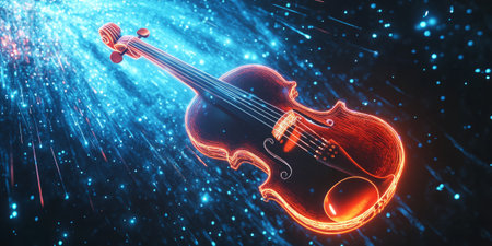 A surreal 3D abstract background featuring a levitating neon violin bow striking invisible strings in a glowing digital void. The futuristic visualization represents the harmony between classical music and modern technology.の素材