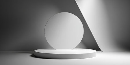 A clean, minimalistic 3D background featuring a smooth, circular podium set against a monochrome gradient. Soft ambient lighting and subtle shadows add depth, making it ideal for showcasing products, branding, or elegant modern designs.の素材