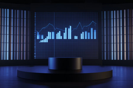 A corporate business stage 3D background featuring a modern podium with a sleek black design, positioned in front of a giant LED screen displaying abstract financial graphs. The setting is professional, with spotlights highlighting the main stage.の素材