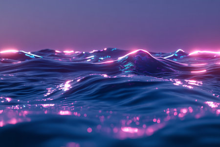 A dynamic 3D abstract background showcasing an ocean of liquid-like neon waves, rippling with radiant electric blue and purple hues. The glowing reflections and motion enhance the futuristic digital aesthetic.の素材