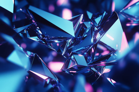 A high-tech 3D abstract background featuring a floating, crystalline structure composed of interconnected neon shards. The sharp edges and reflective surfaces catch the shifting glow, creating a mesmerizing futuristic sci-fi aesthetic.の素材