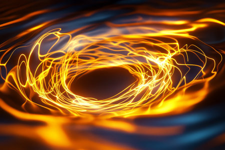 A dynamic 3D abstract background displaying a web of luminous, intertwining neon filaments, forming a glowing vortex. The high-tech fluid motion and deep reflections enhance the futuristic, sci-fi effect, creating an immersive digital landscape.の素材