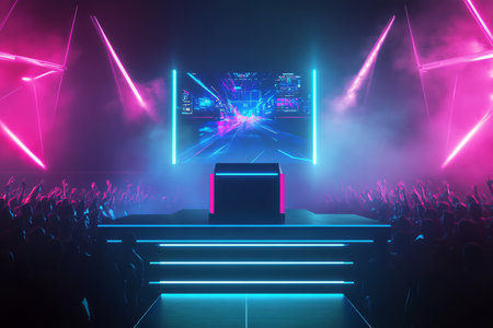 A high-tech esports tournament 3D background featuring a sleek podium with glowing LED strips. Massive holographic screens display live gameplay footage, while an energetic crowd cheers, bathed in colorful neon lights.の素材