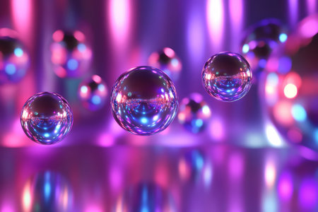 A dynamic 3D abstract background showing an array of floating, iridescent metallic spheres, suspended in a vast digital expanse. The reflections and glowing neon highlights create a visually striking futuristic composition.の素材