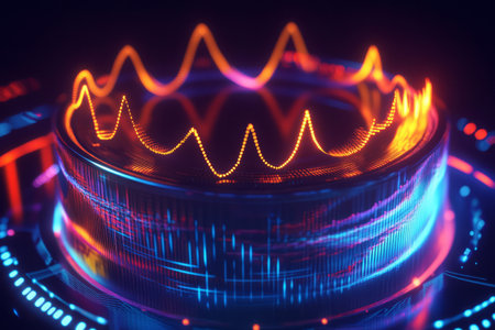 A futuristic 3D background showcasing a holographic, glowing drum emitting waves of synchronized neon sound energy. The rhythmic pulses form an abstract visualization of music, beats, and digital motion.の素材