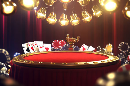 A high-stakes casino 3D background featuring a luxurious podium covered in velvet red fabric. Golden spotlights shine down, while playing cards, poker chips, and roulette wheels fill the vibrant, glamorous setting.の素材