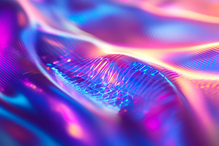 A high-tech 3D abstract background showcasing an endless array of interlocking neon prisms and dynamic holographic patterns. The glowing reflections and layered digital textures form a mesmerizing futuristic tableau, evoking a sense of profound depth and infinite cybernetic complexity.の素材