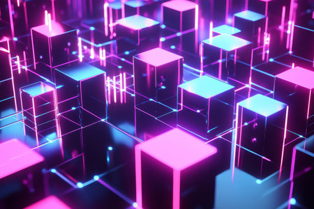 A high-tech 3D abstract background showcasing a matrix of holographic cubes, each glowing with soft, synchronized pulses of neon light. The reflections and intricate details form a visually striking, futuristic digital environment.の素材
