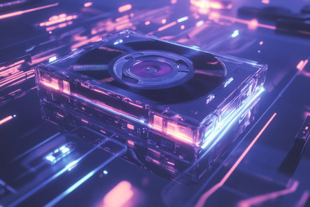 A high-tech 3D background featuring a floating, glowing audio cassette surrounded by neon sound waves. The spinning reels emit rhythmic energy pulses, forming an immersive, futuristic atmosphere of retro-inspired digital music aesthetics.の素材