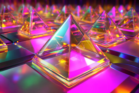 A high-tech 3D abstract background showing an array of floating, holographic pyramids, bathed in vibrant neon reflections. The futuristic symmetry and surreal lighting enhance the digital aesthetic.の素材