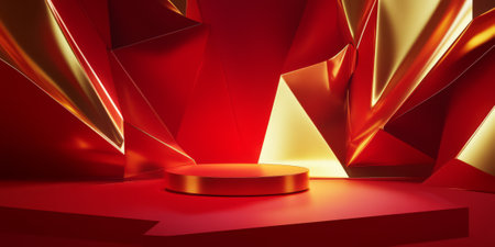 A bold and vibrant 3D background with a geometric podium in bright red and gold tones. The strong, modern lighting and sharp angles add a sense of energy and power to the design.の素材