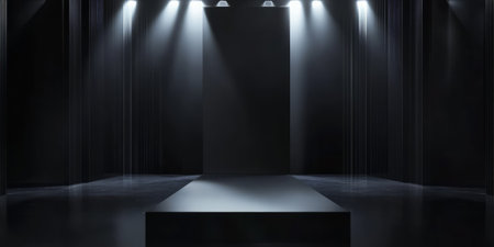 A high-fashion runway 3D background featuring a sleek podium under dramatic spotlights. The modern minimalist setting, combined with glossy black surfaces and abstract light patterns, makes it ideal for luxury branding.の素材