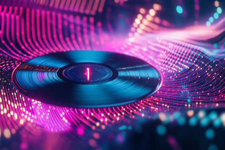 A futuristic 3D music background where a levitating vinyl record glows with neon energy. As it spins, digital sound waves ripple outward, forming an intricate network of pulsating beats and holographic music symbols in a surreal, high-tech environment.の素材