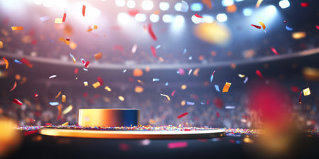 A dynamic sports-themed 3D background featuring a podium surrounded by vibrant stadium lights. The energetic atmosphere, with confetti flying through the air and a blurred cheering crowd, creates a thrilling championship moment.の素材