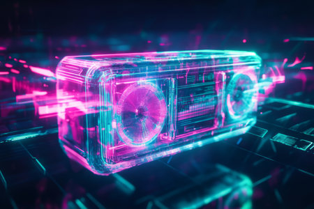 A futuristic 3D background showcasing a floating, holographic boombox emitting radiant, synchronized sound waves. The glowing neon colors shift dynamically, forming a stunning, high-tech visualization of digital music and motion.の素材