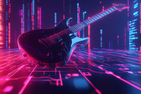 A cyberpunk-inspired 3D music background with a neon-lit electric guitar levitating above a digital grid. Each note played sends glowing sound waves ripping through the high-tech space, forming an immersive fusion of music and technology.の素材