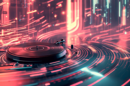 A high-tech 3D music background with a levitating digital turntable in a cybernetic landscape. Pulsating neon sound waves ripple outward, forming an immersive, futuristic visualization of DJ beats and electronic rhythm.の素材