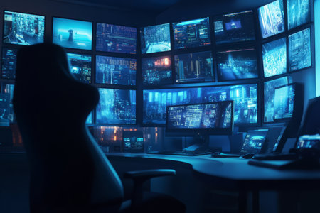 A high-tech surveillance room 3D background, filled with multiple holographic screens displaying security footage. The dimly lit space is bathed in soft blue neon lights, while an ergonomic chair faces a sleek, curved control desk with a futuristic touch interface.の素材